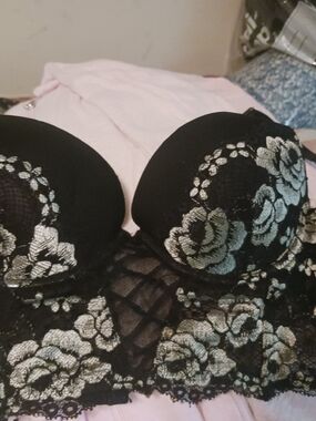 Time and Tru Black Longline Bra with Silver Rose Embroidery